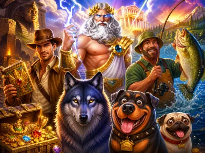 High-quality digital illustration of characters from popular slot games, featuring vibrant colors and rich game-world environ
